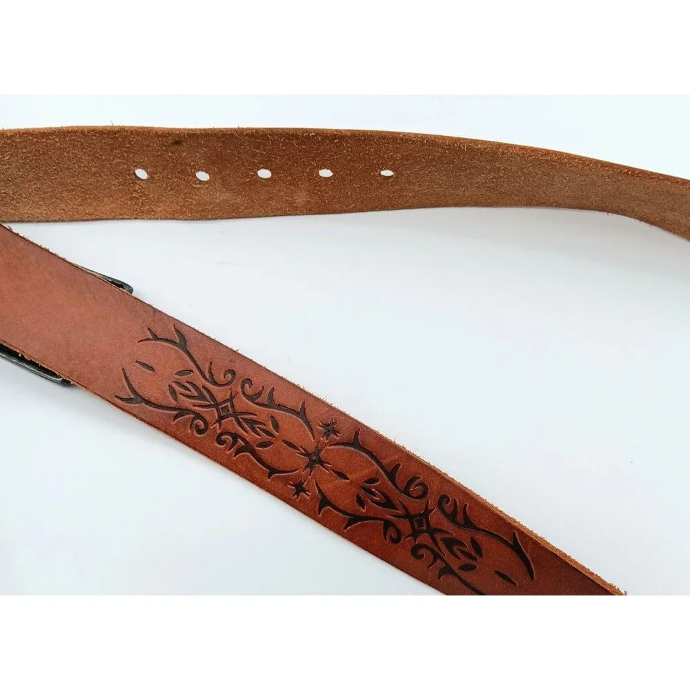 EXPRESS Genuine Leather Belt Women 32 (M) Brown Embossed Statement Boho Western